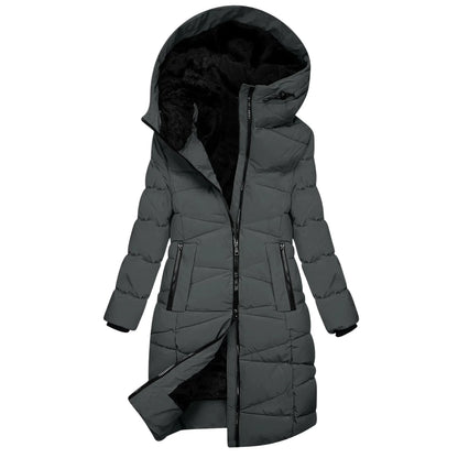 Women's Winter Quilted Long Coat with Hood – Windproof Down Jacket with Zipper, Fashionable & Warm