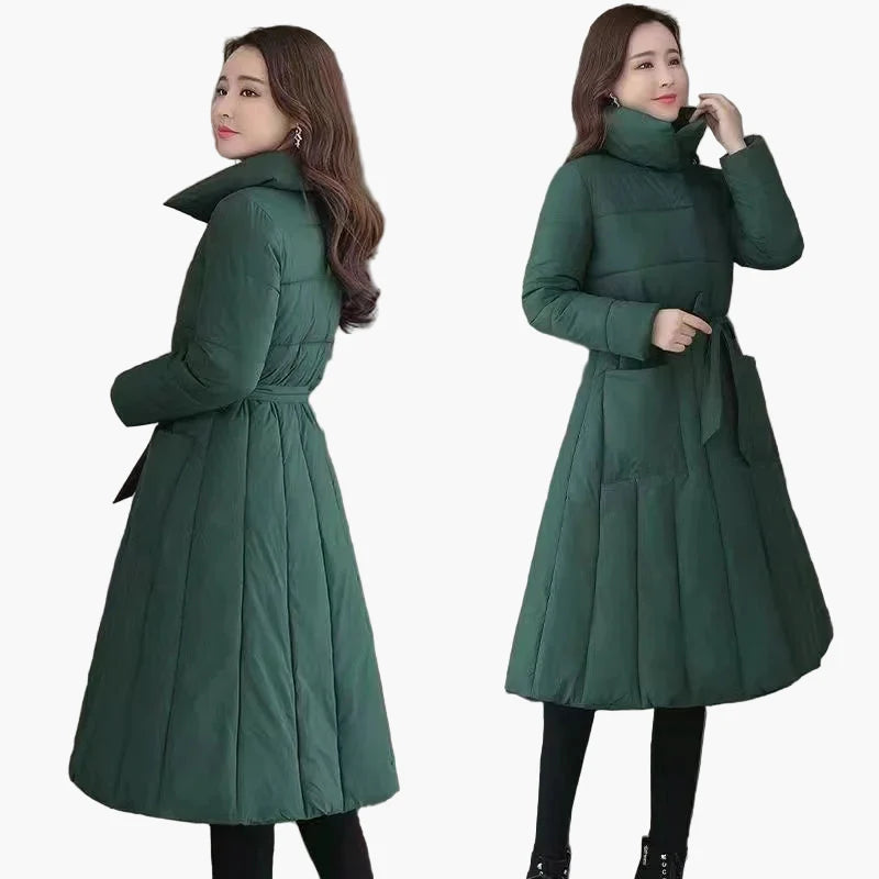 Women's Quilted Coat Winter Long Elegant Warm with Belt – Fashionable Outdoor Coat for Everyday and Leisure