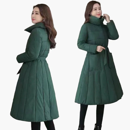 Women's Quilted Coat Winter Long Elegant Warm with Belt – Fashionable Outdoor Coat for Everyday and Leisure