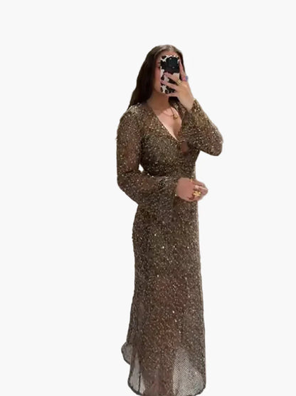 Women's glitter evening dress with sequins and deep V-neck – elegant party dress for special occasions