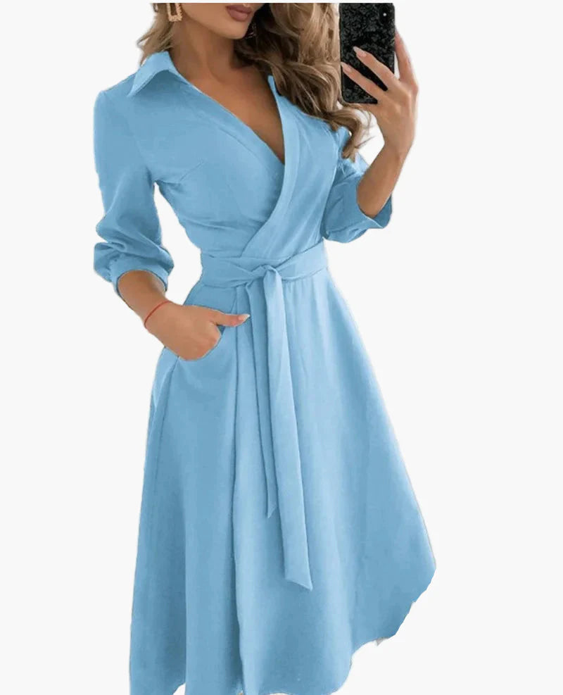 Women's Elegant Wrap Dress with Belt and Collar – Perfect for Office and Everyday Use