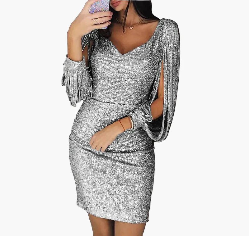 Damen Glitzer Cocktailkleid Partykleid mit Fransenärmeln – Elegantes, figurbetontes Minikleid für festliche Anlässe