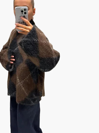 Damen Oversize Strickpullover mit Argyle-Muster – Modischer Freizeit-Look für Herbst und Winter