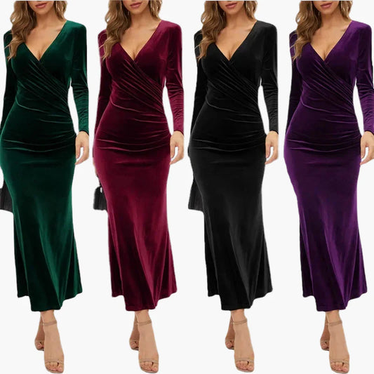Ladies Elegant Long Sleeve Evening Dress with Wrap Look – Figure-Hugging Maxi Dress for Festive Occasions