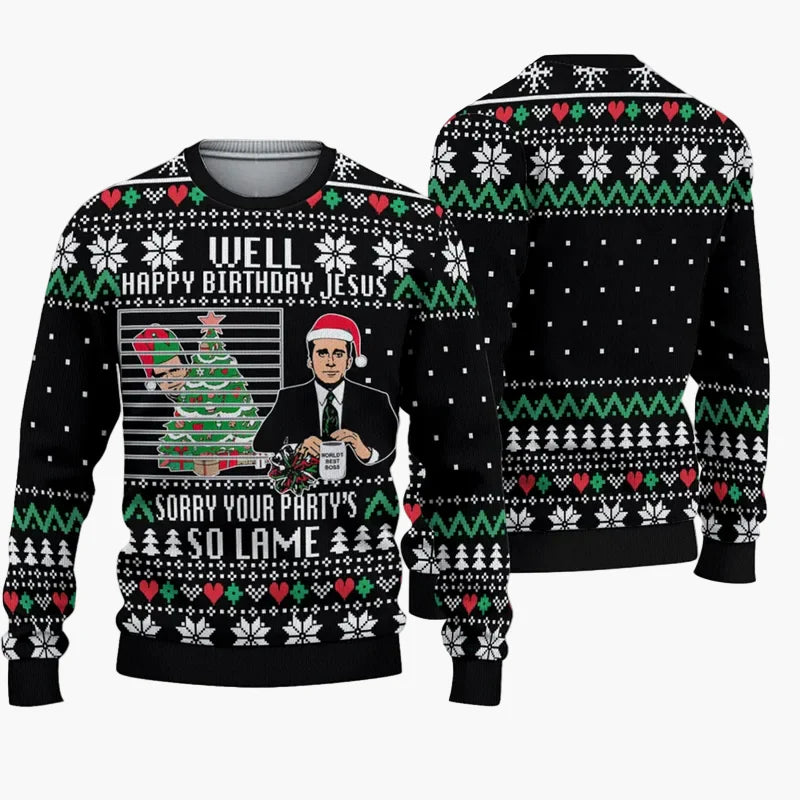 Herren Ugly Christmas Sweater – Lustiger Spruch "Well Happy Birthday Jesus Sorry Your Party's So Lame" – Weihnachtspullover für Fans von The Office
