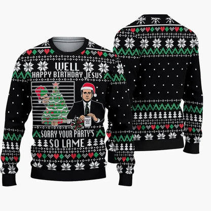 Herren Ugly Christmas Sweater – Lustiger Spruch "Well Happy Birthday Jesus Sorry Your Party's So Lame" – Weihnachtspullover für Fans von The Office