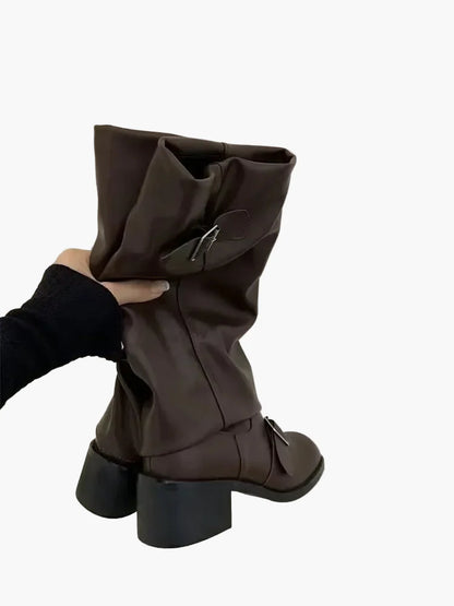 Damen Stiefel mit Schnallen und Blockabsatz – Modische Alltags- und Freizeitstiefel