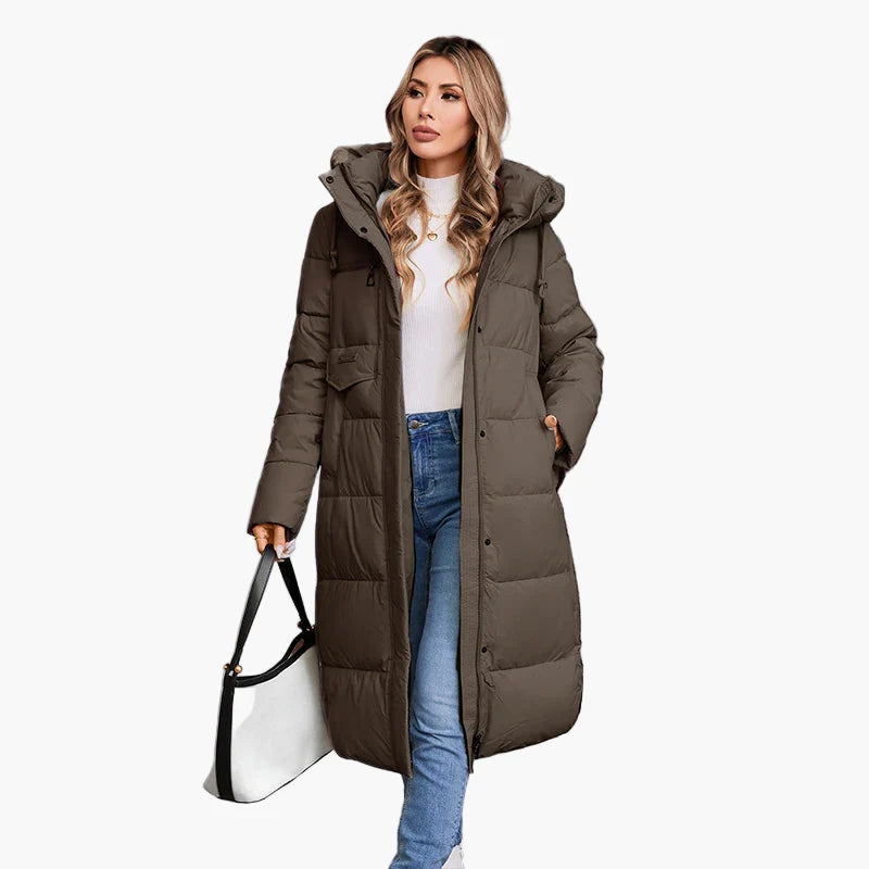 Women's winter quilted coat with hood – Long, warm outdoor coat for everyday and leisure