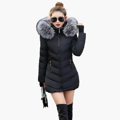 Women's winter quilted coat with hood and faux fur collar – elegant outdoor parka for cold days