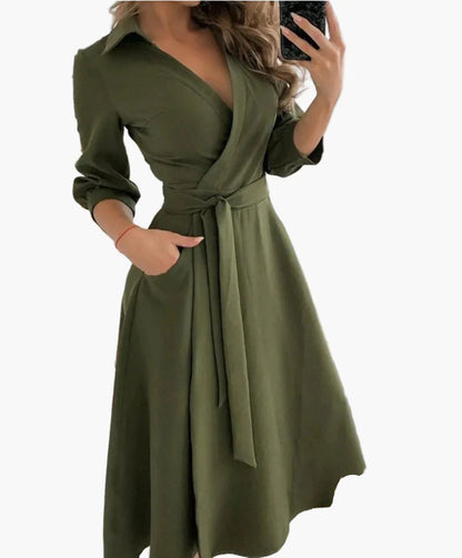 Women's Elegant Wrap Dress with Belt and Collar – Perfect for Office and Everyday Use