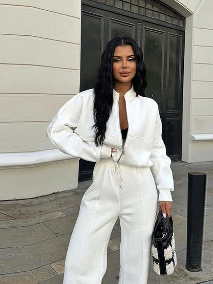 Women's Oversize Casual Suit Two-Piece with Wide Pants and Zipper Jacket – Casual Streetwear Look