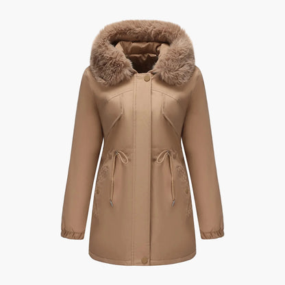 Women's winter jacket with hood and faux fur collar – Elegant parka for cold days