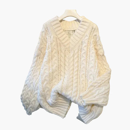 Damen Grobstrick Pullover mit Zopfstrickmuster und V-Ausschnitt – Lässiger Winterpullover für Alltag & Freizeit