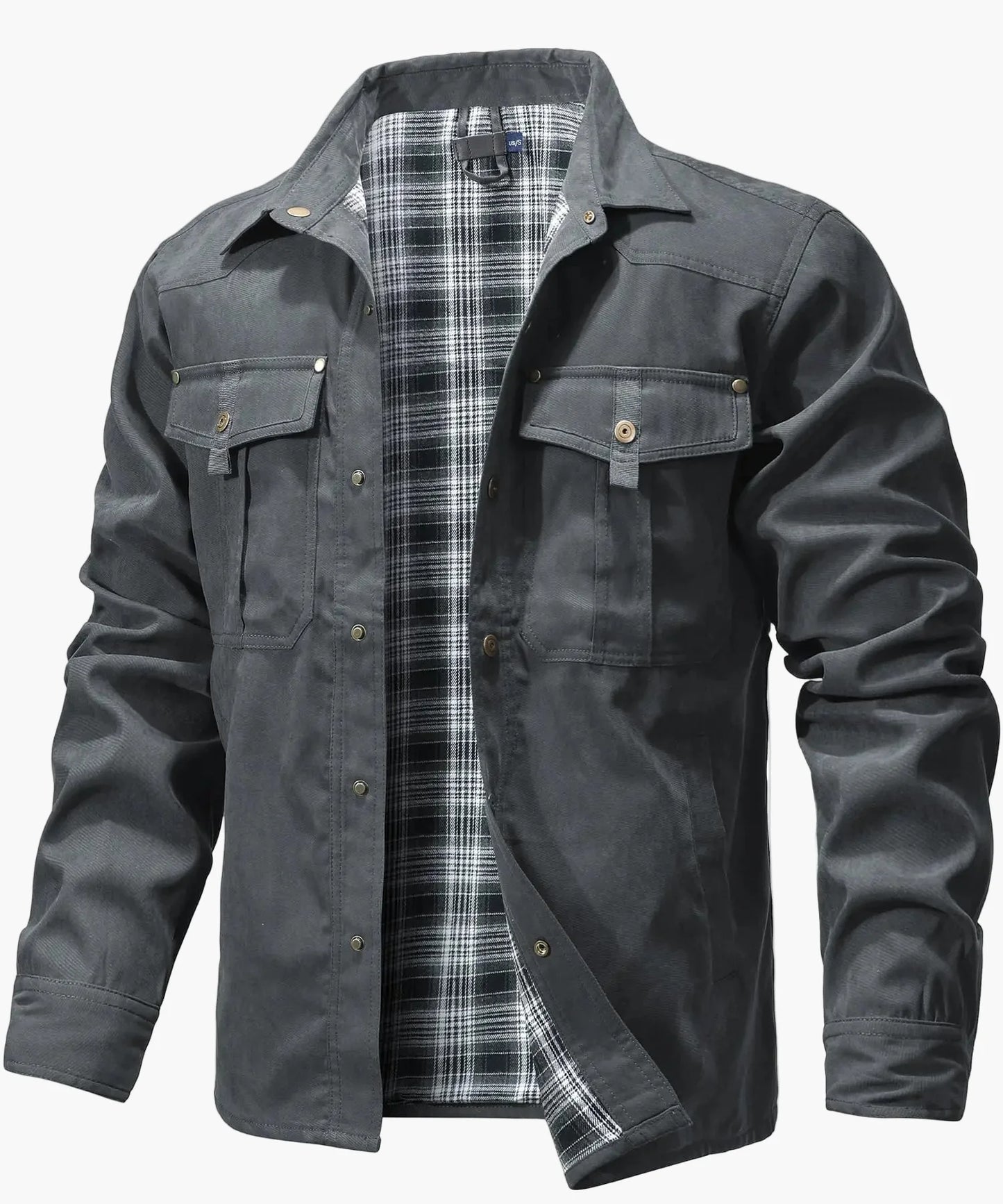 Herren Freizeithemdjacke Frühling Shacket Western Cowboy Stil mit Flanellfutter und Druckknöpfen