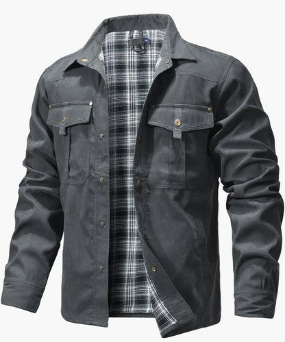 Herren Freizeithemdjacke Frühling Shacket Western Cowboy Stil mit Flanellfutter und Druckknöpfen