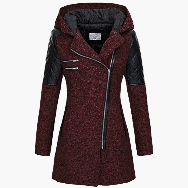 Women's winter coat with hood and asymmetrical zipper – fashionable long transitional coat for autumn & winter