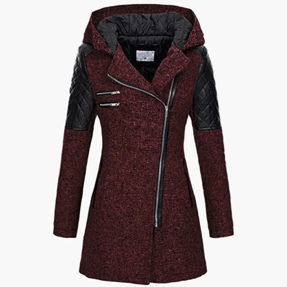 Women's winter coat with hood and asymmetrical zipper – fashionable long transitional coat for autumn & winter
