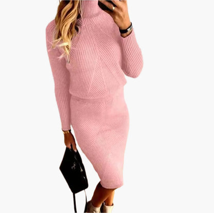 Women's knitted dress set with turtleneck – elegant autumn winter outfit for office and leisure