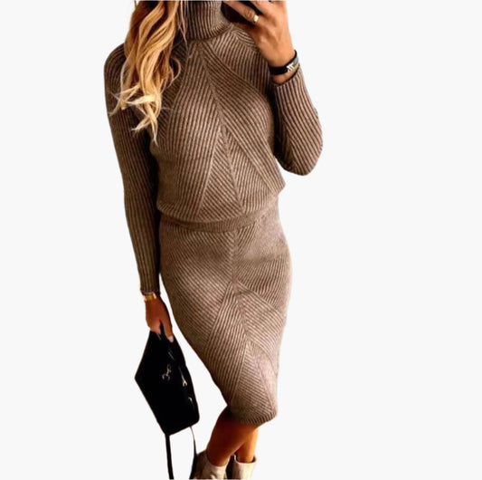 Women's knitted dress set with turtleneck – elegant autumn winter outfit for office and leisure