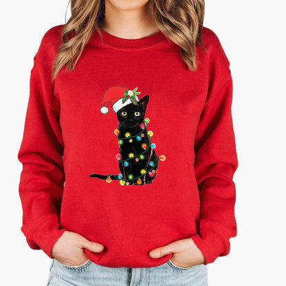 Women's Christmas Sweater with Cat, Christmas Hat and String Lights – Funny Winter Sweater for Women