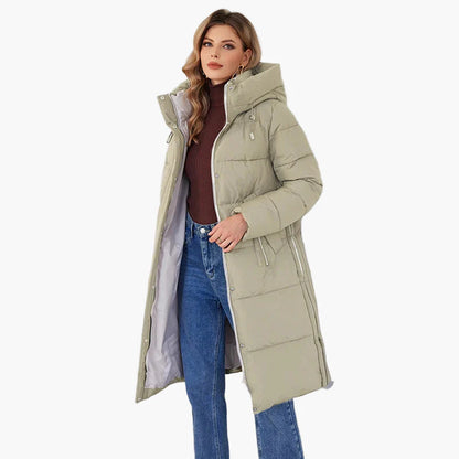 Women's winter quilted coat with hood – long, warm outdoor parka for cold days
