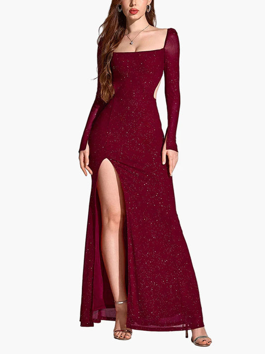 Damen Abendkleid Elegant Langarm mit Schlitz – Perfekt für festliche Anlässe & Gala