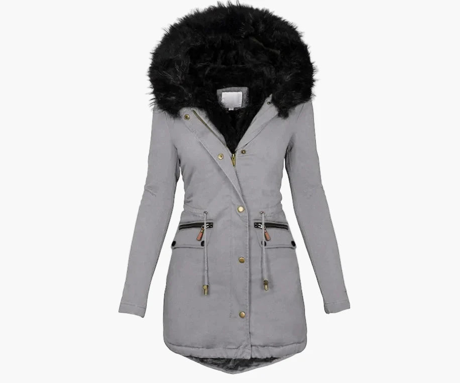 Women's winter coat with hood and faux fur – Elegant, lined parka for cold days