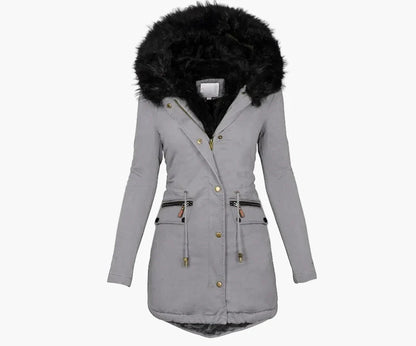 Women's winter coat with hood and faux fur – Elegant, lined parka for cold days