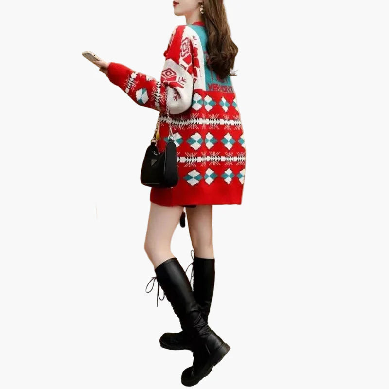 Damen Weihnachtspullover Kleid Ugly Christmas Sweater mit Schneemann 3D Applikation – Lustiger Oversize Winterpulli für Feiertage & Partys