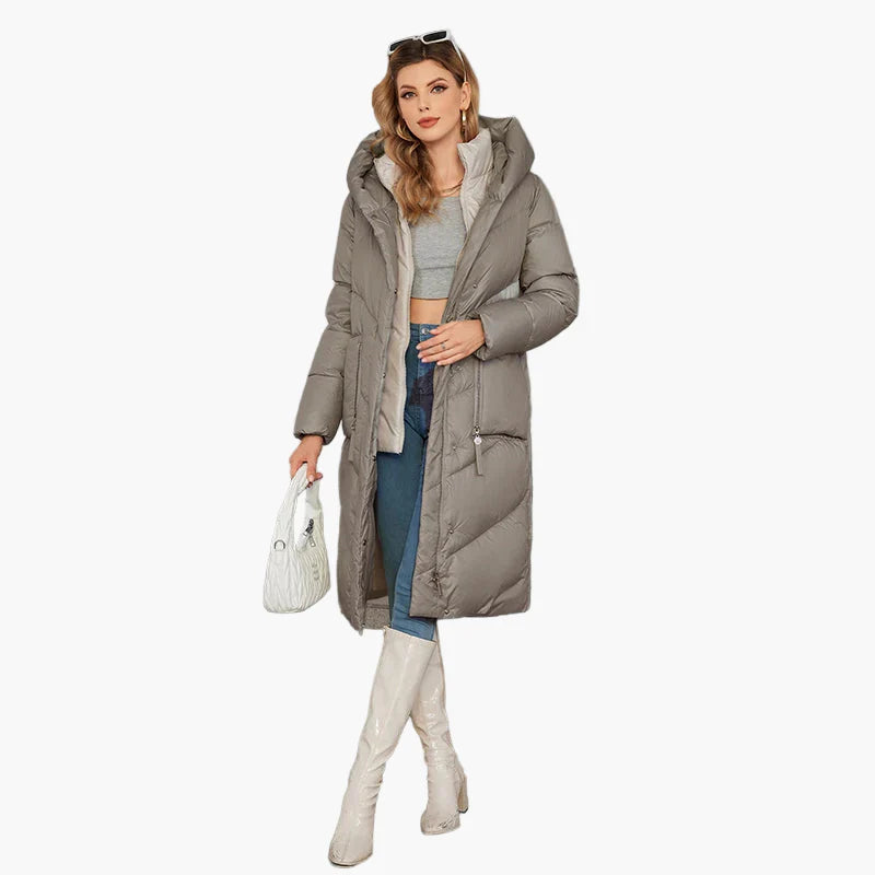 Women's winter quilted coat with hood – fashionable long parka for cold days