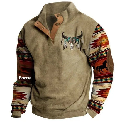Herren Vintage Western Pullover mit Aztekenmuster und Stehkragen – Freizeit & Outdoor