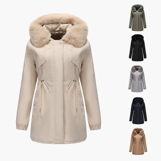 Women's winter jacket with hood and faux fur collar – Elegant parka for cold days