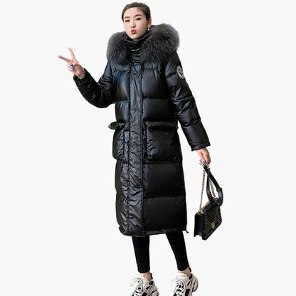 Women's winter quilted coat with hood and fur collar – elegant, long puffer for cold days