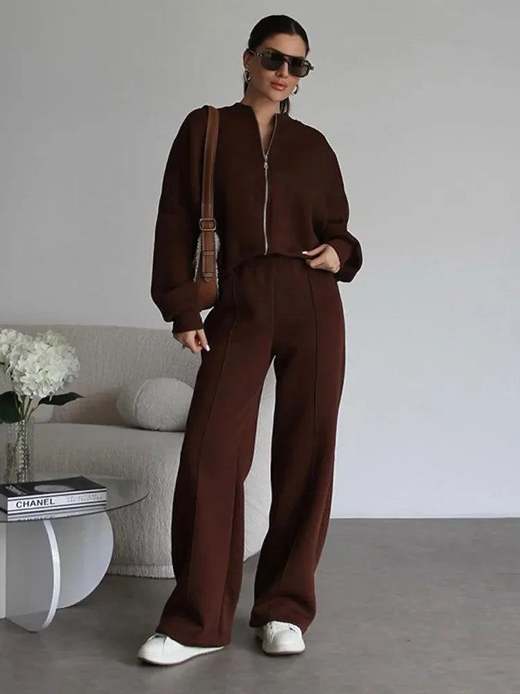 Women's Oversize Casual Suit Two-Piece with Wide Pants and Zipper Jacket – Casual Streetwear Look