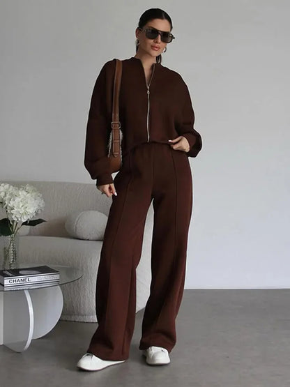 Women's Oversize Casual Suit Two-Piece with Wide Pants and Zipper Jacket – Casual Streetwear Look