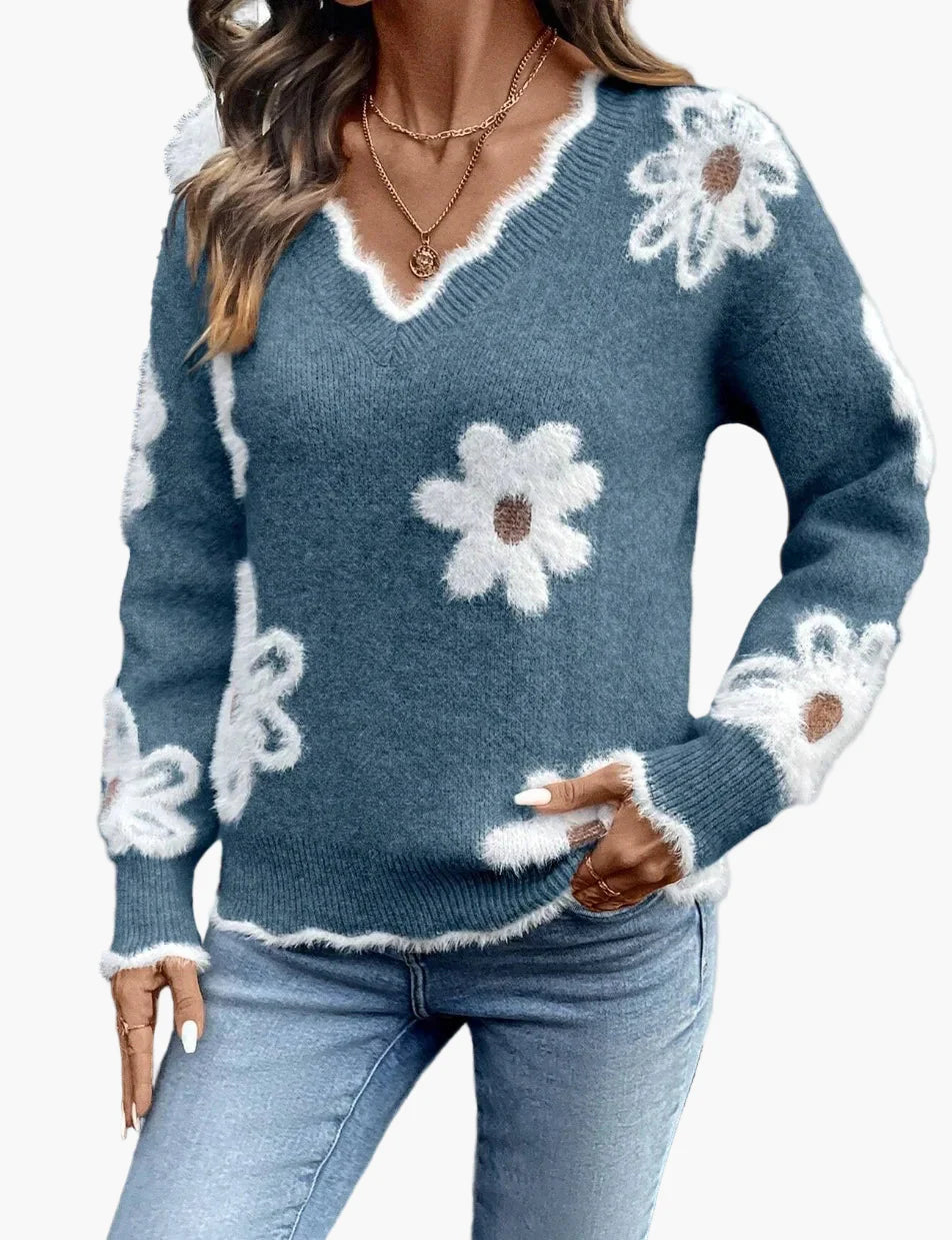 Damen Pullover mit Blumenmuster und V-Ausschnitt – Modischer Freizeit-Strickpullover für Alltag und Büro
