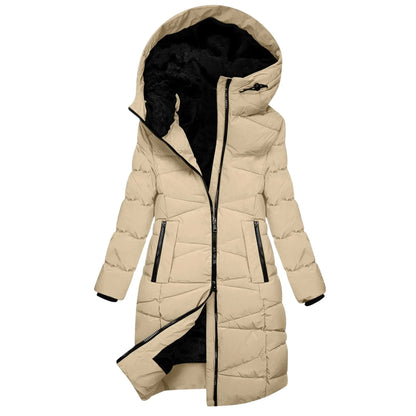Women's Winter Quilted Long Coat with Hood – Windproof Down Jacket with Zipper, Fashionable & Warm