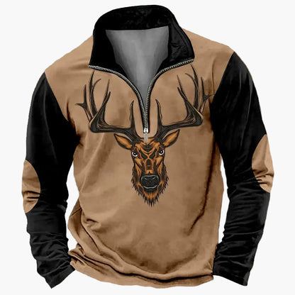 Herren Outdoor Sweatshirt mit Wildtier-Print und Stehkragen – Freizeit & Jagd