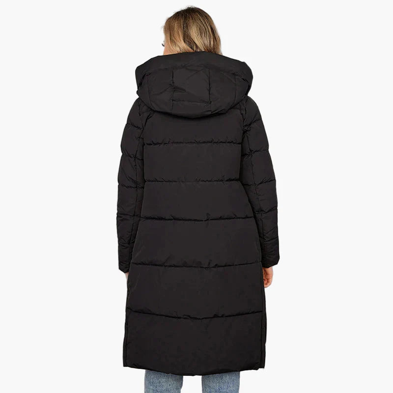 Women's winter quilted coat with hood – long, warm outdoor parka for cold days