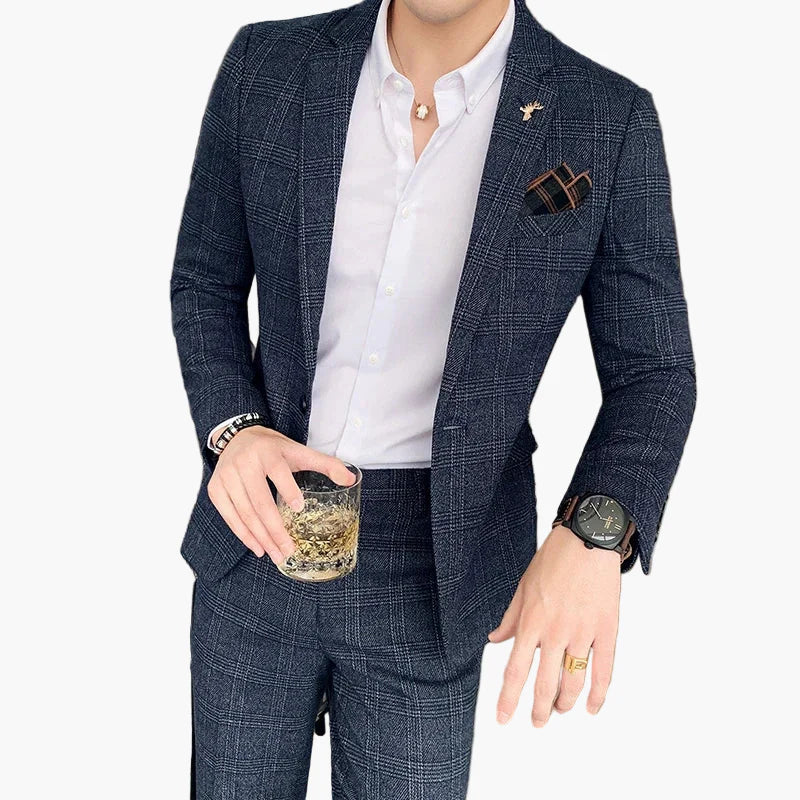 Men's Modern Business Suit Set – Elegant Checked Look for Office and Special Occasions