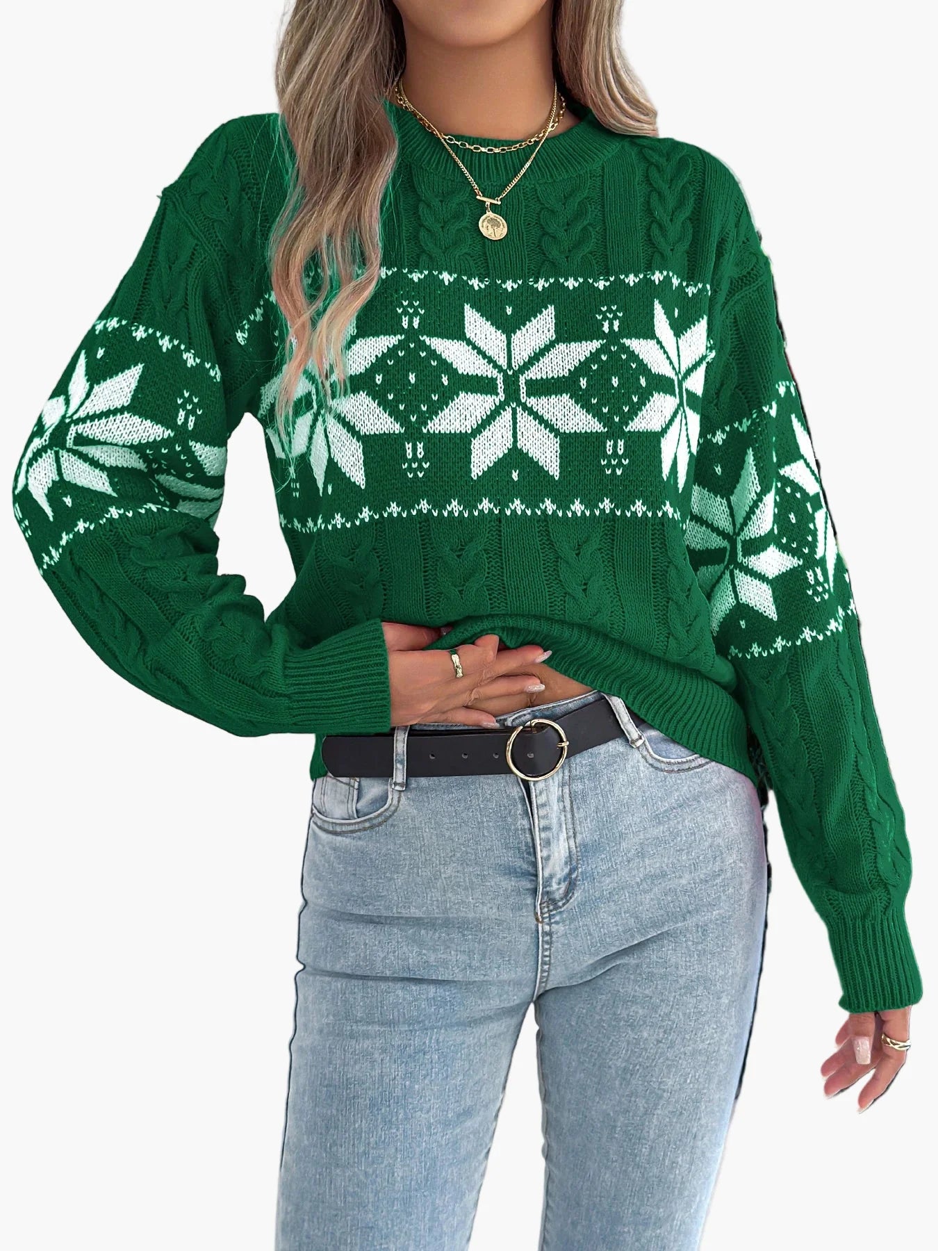 Women's Winter Sweater with Norwegian Pattern – Festive Knit Sweater for Leisure and Christmas