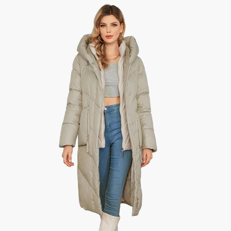 Women's winter quilted coat with hood – fashionable long parka for cold days