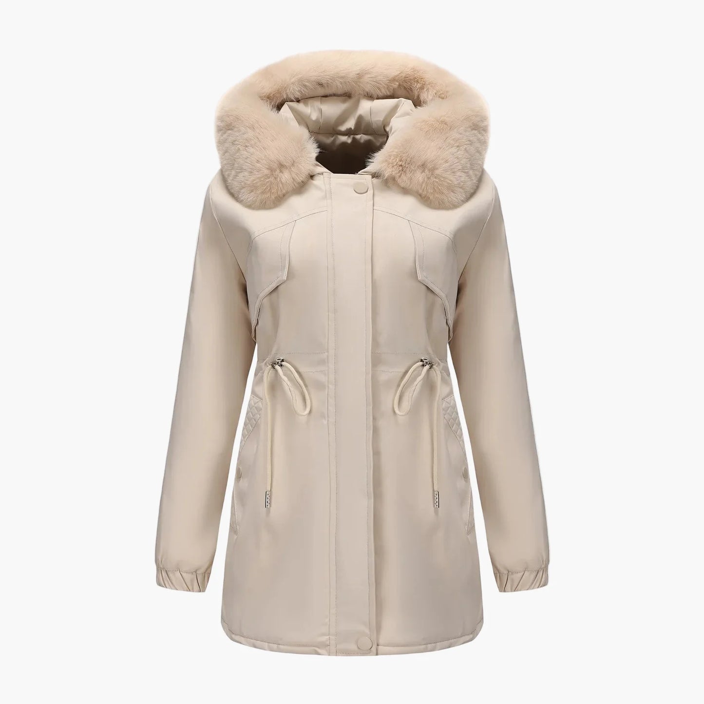 Women's winter jacket with hood and faux fur collar – Elegant parka for cold days