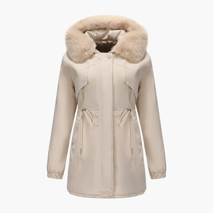Women's winter jacket with hood and faux fur collar – Elegant parka for cold days