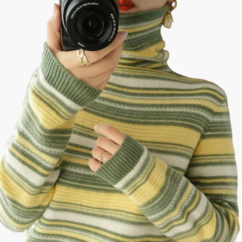 Women's turtleneck sweater with stripes – fashionable casual sweater for autumn and winter
