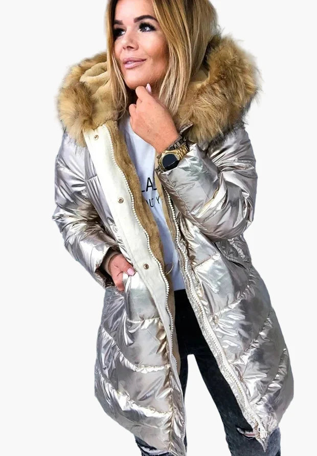 Women's winter quilted coat with hood and fur collar – fashionable European-American style, warm, elegant, everyday and outdoor