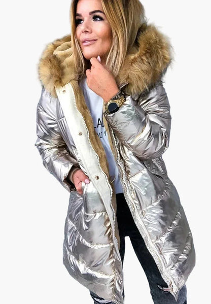 Women's winter quilted coat with hood and fur collar – fashionable European-American style, warm, elegant, everyday and outdoor