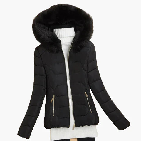 Women's winter quilted jacket with hood and fur collar – elegant outdoor coat