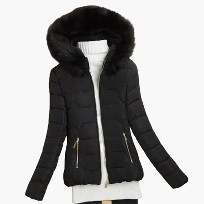 Women's winter quilted jacket with hood and fur collar – elegant outdoor coat