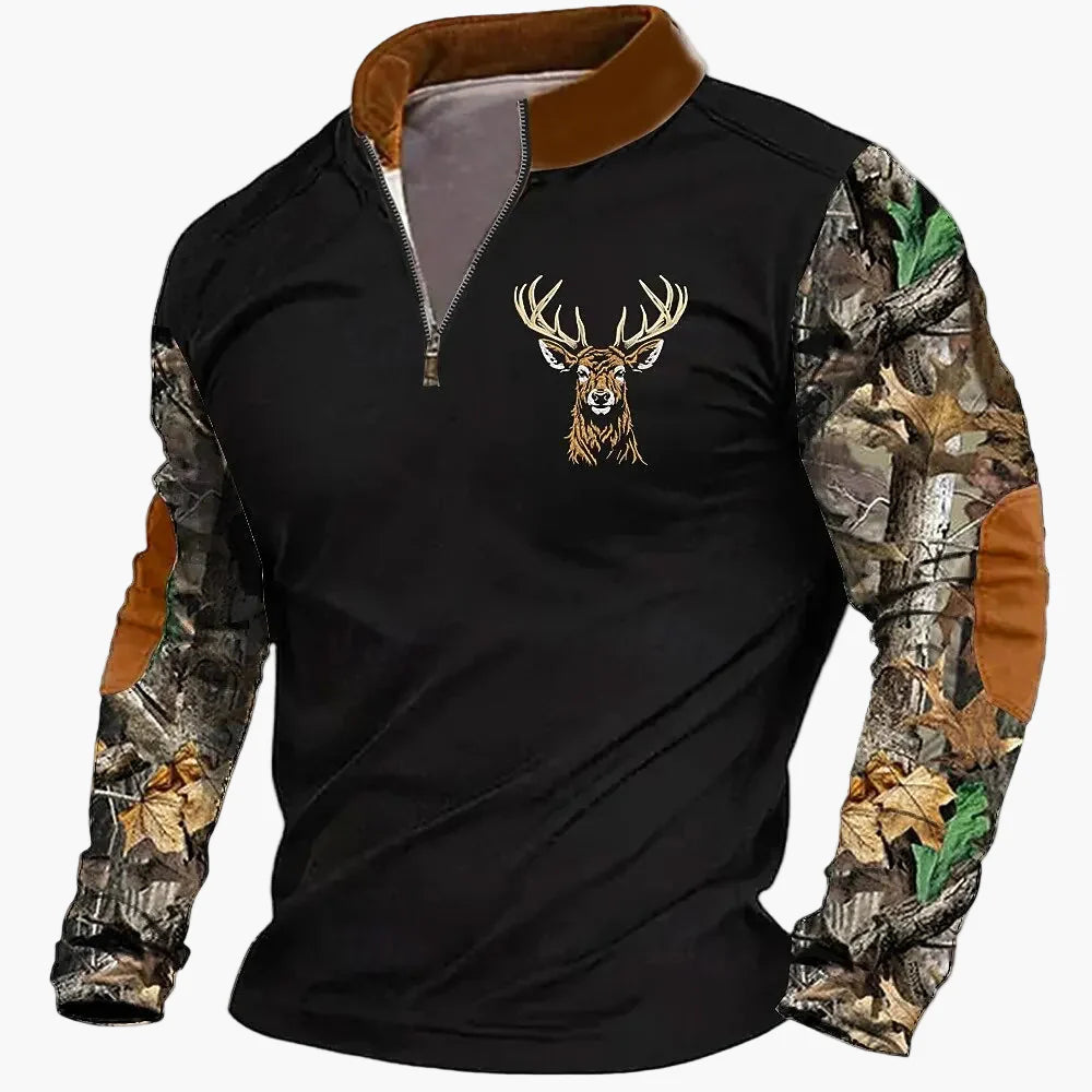 Herren Outdoor Sweatshirt mit Wildtier-Print und Stehkragen – Freizeit & Jagd